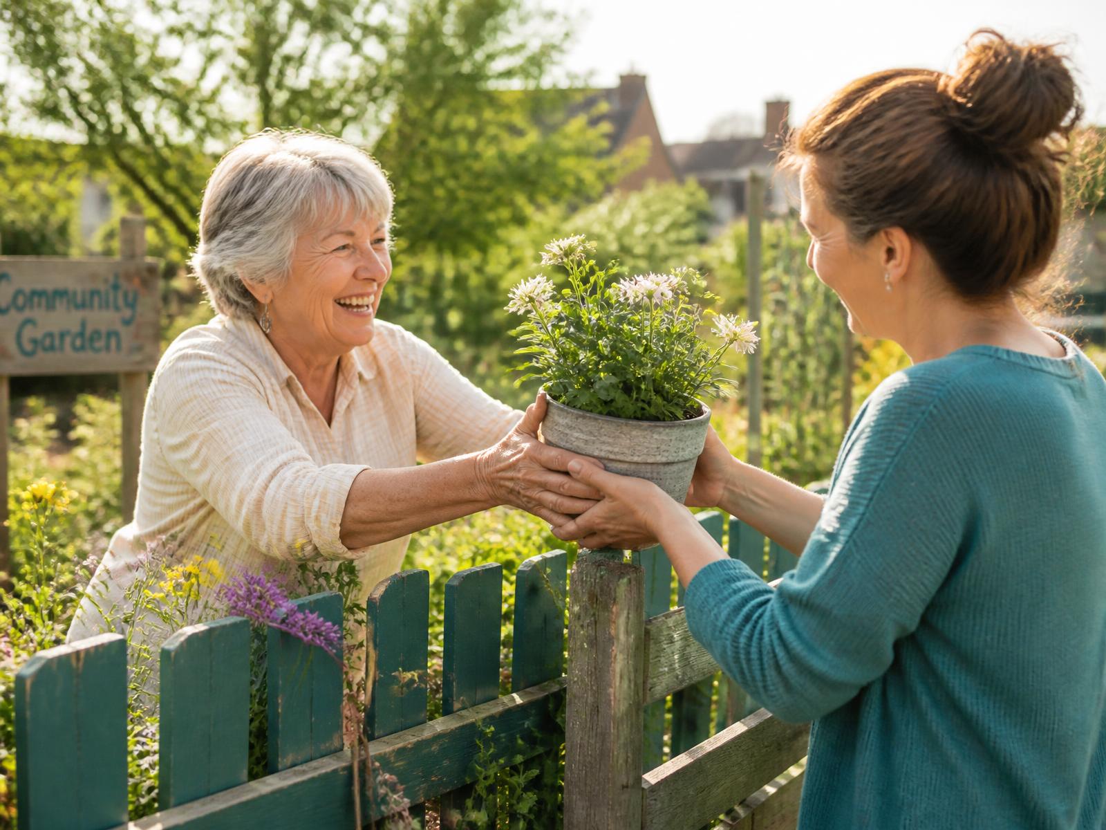 Two neighbours smiling as they pass a potted flowering plant to each other over a teal community garden fence
